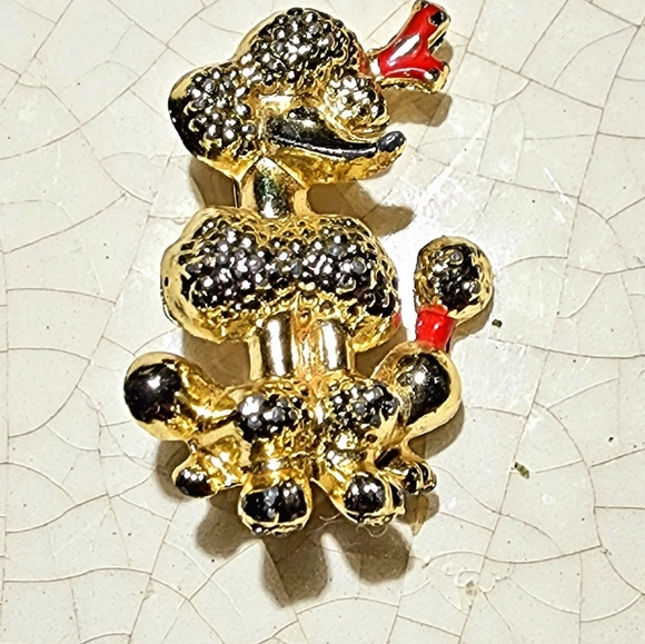 Vintage golden poodle with red bows brooch - Picture 4 of 5